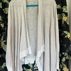 Eileen Fisher Light Gray and White Striped Open-Front Cardigan